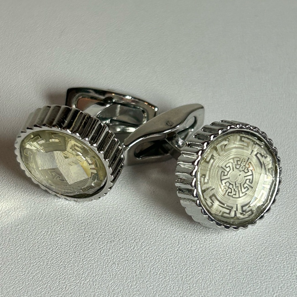 Elegant Vintage faceted glass cufflinks geometric Greek key design Silver tone - Picture 1 of 5